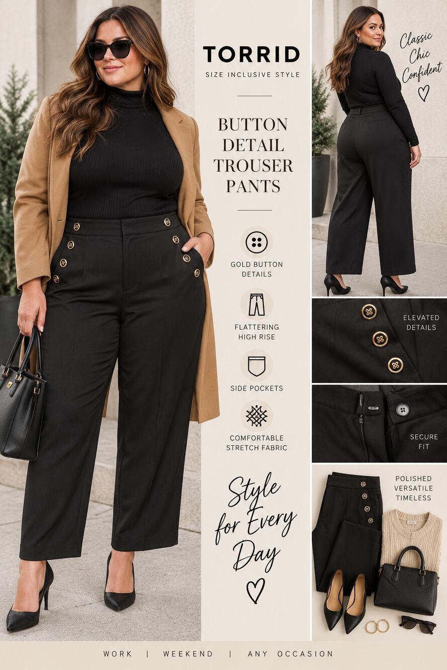 Torrid Black High Rise Wide Leg Pants 24R Gold Button Detail Stretch Plus Size
